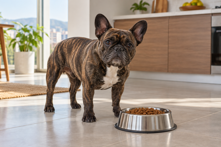 Bulldog francés junto a un plato de alimento; ilustración IA