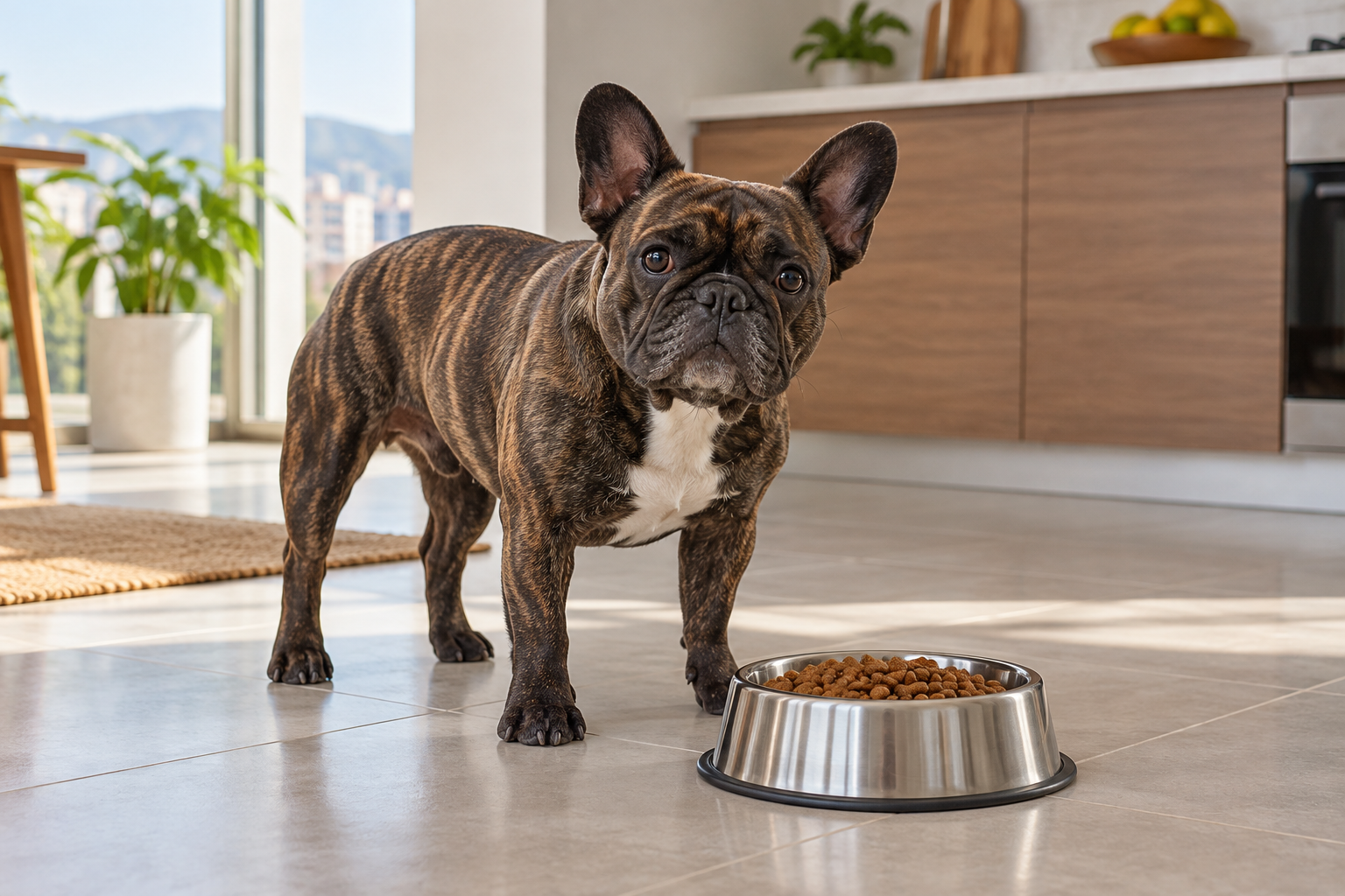 Bulldog francés junto a un plato de alimento; ilustración IA