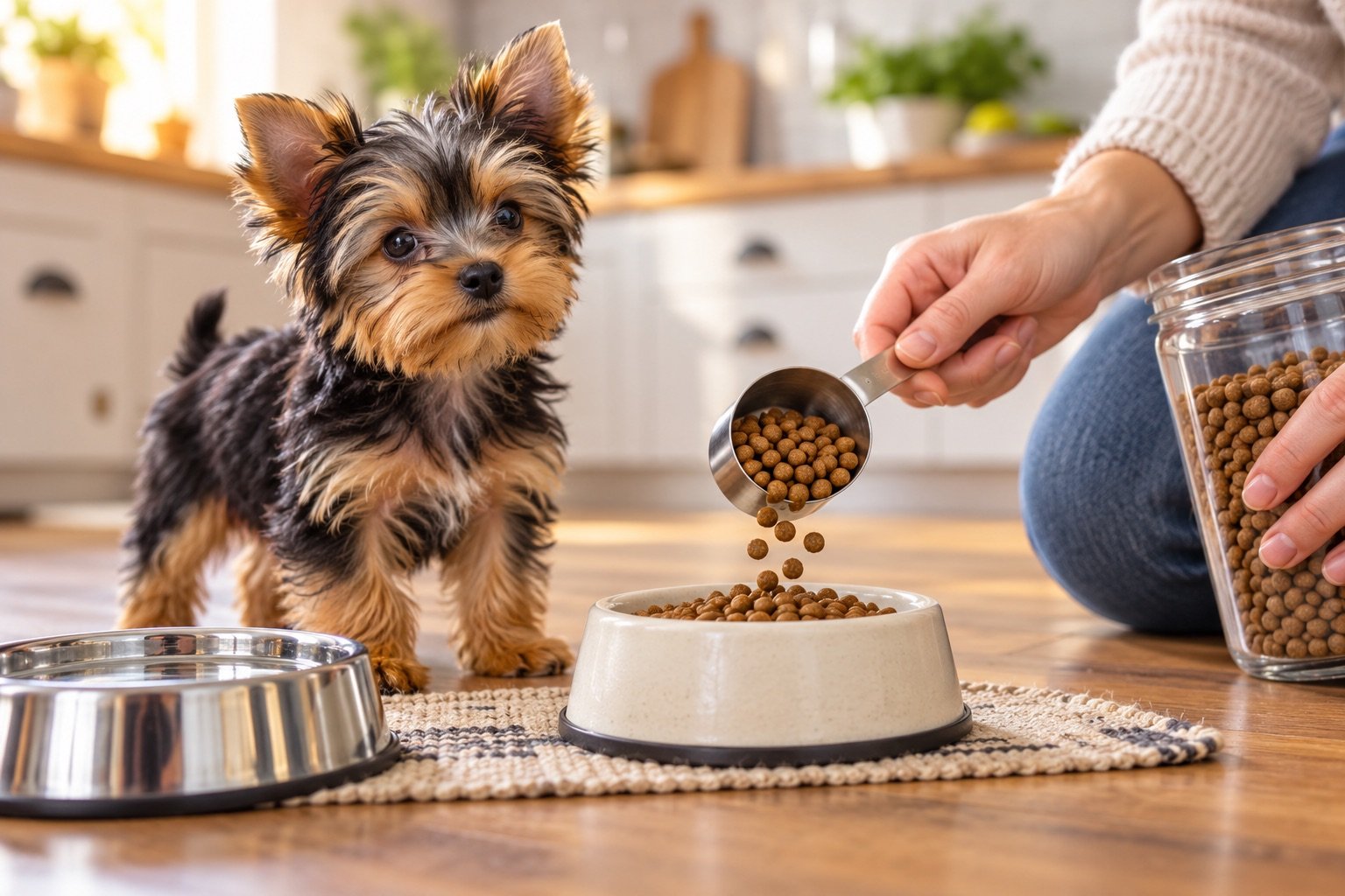 Cachorro Yorkshire Terrier junto a un plato pequeño y una guía de alimentación, ilustración editorial.