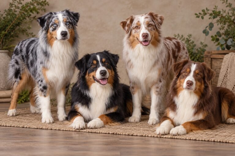 Ilustración editorial de cuatro Pastores Ovejeros Australianos con mantos blue merle, black, red merle y red.