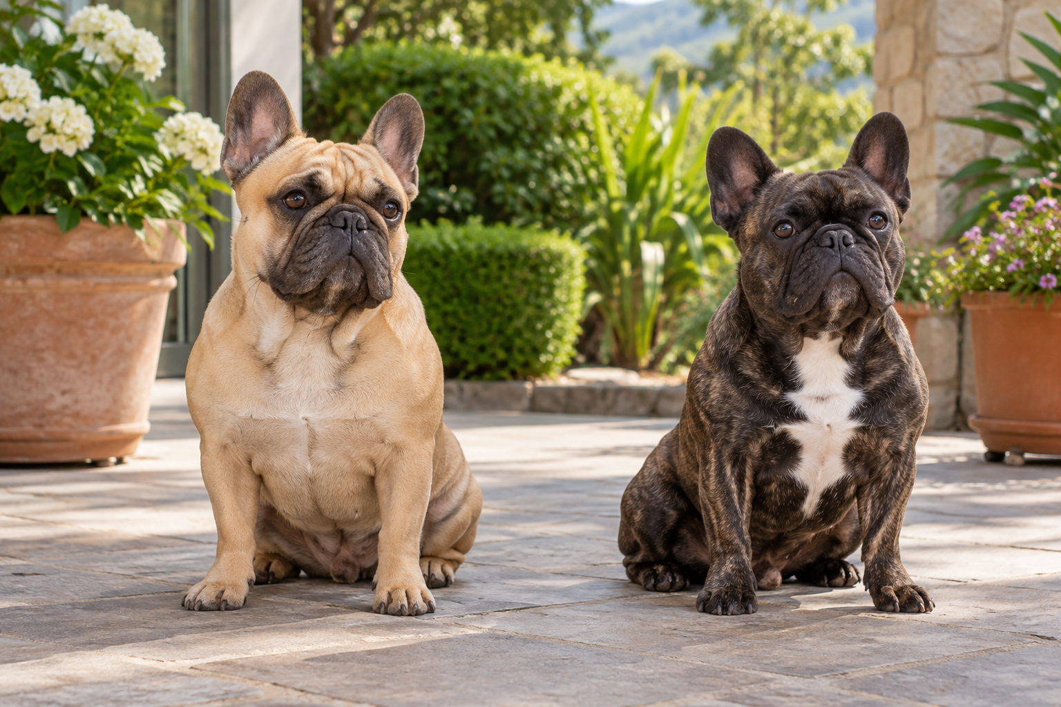 Dos bulldogs franceses leonados y atigrados en un patio; ilustración IA