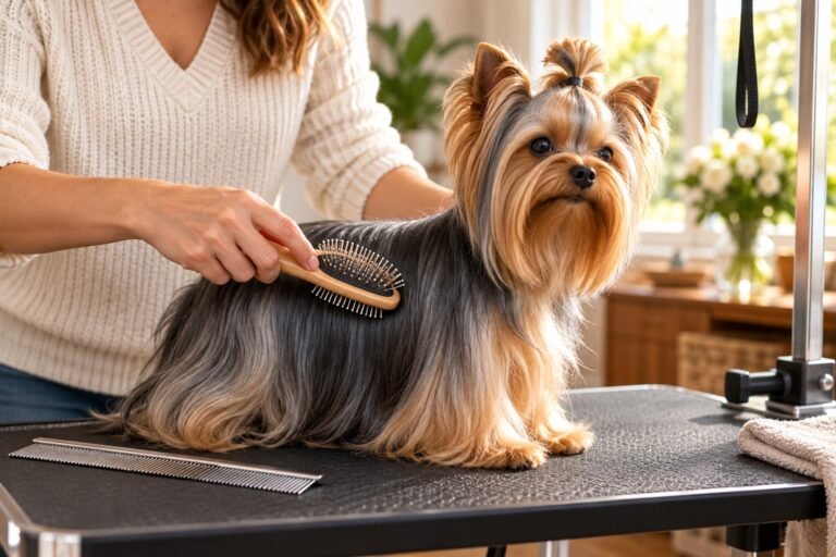 Persona cepillando con suavidad el manto sedoso de un Yorkshire Terrier, escena editorial.