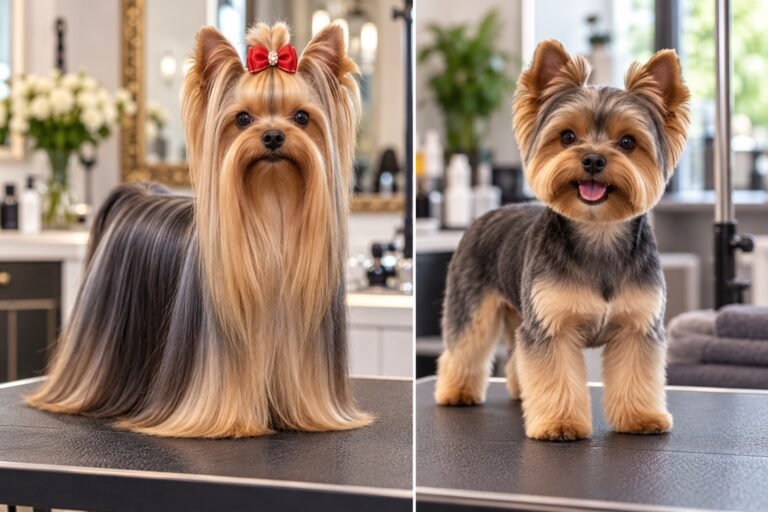 Yorkshire Terrier con corte de compañía y herramientas de peluquería canina, ilustración editorial.