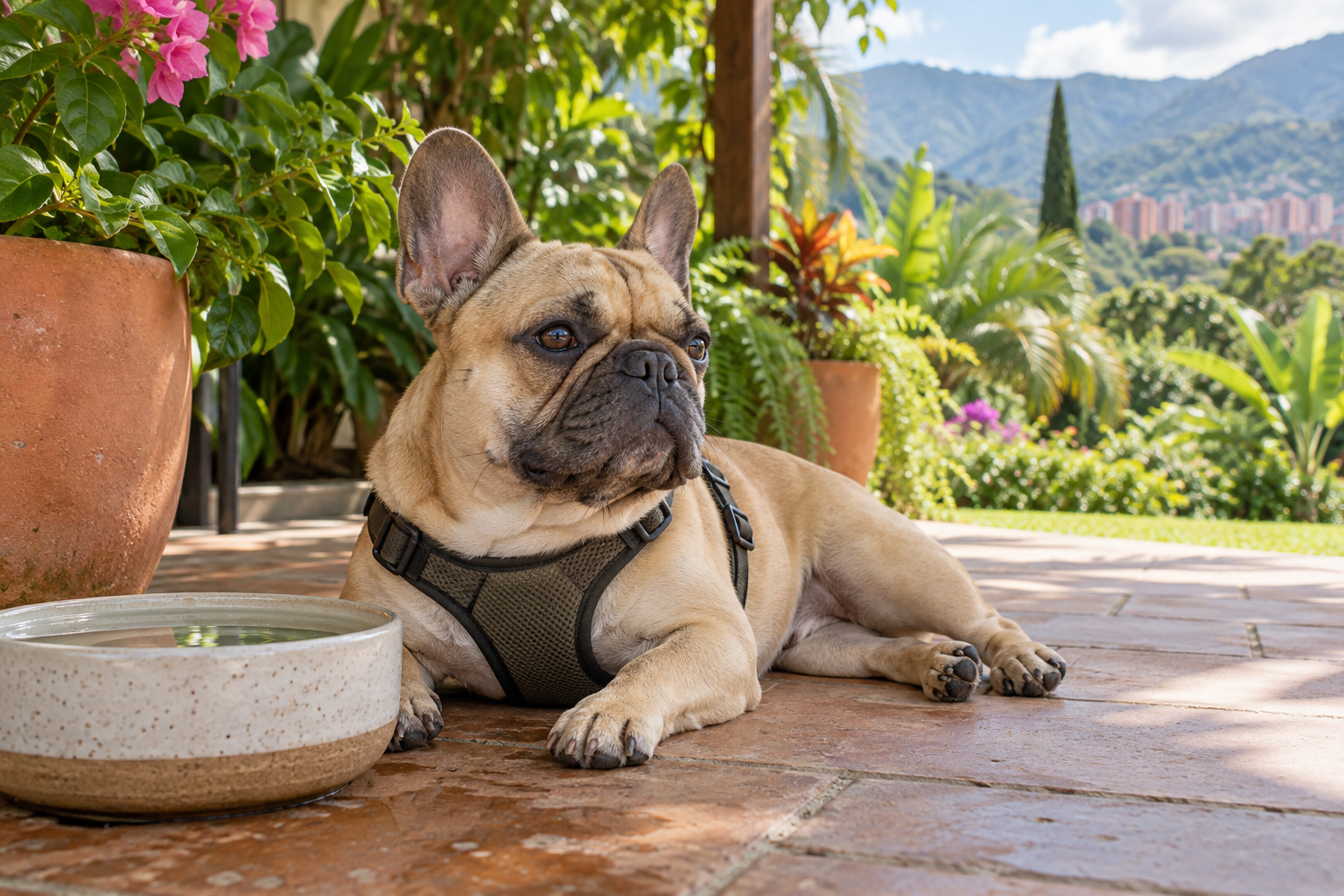 Bulldog francés con arnés descansando junto a agua en una terraza; ilustración IA