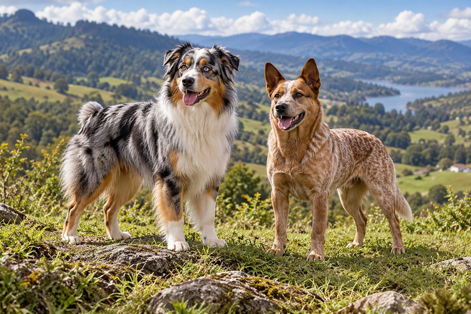 Ilustración editorial comparativa de un Australian Shepherd blue merle y un Australian Cattle Dog rojo moteado.