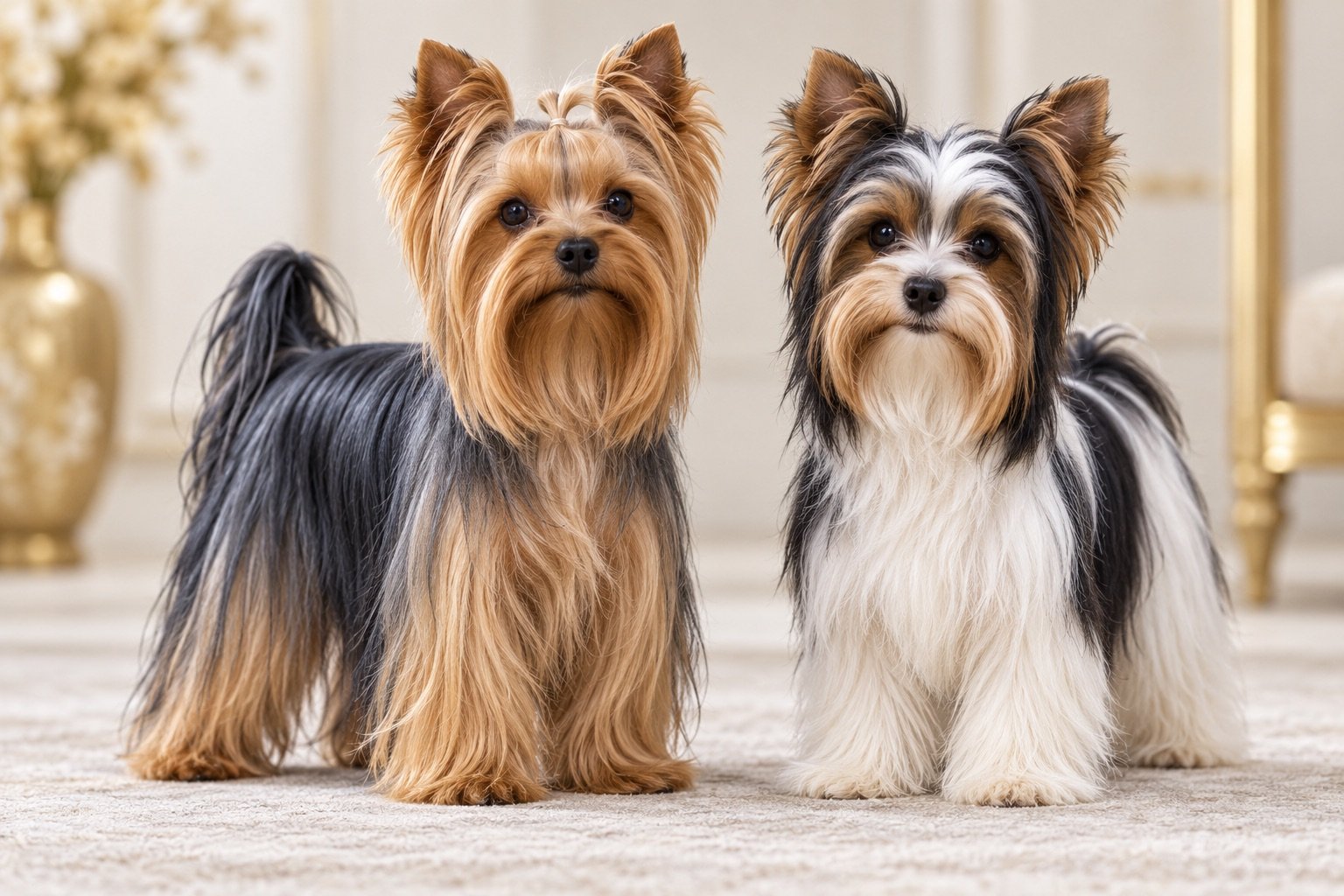 Yorkshire Terrier azul y fuego junto a un Biewer Terrier tricolor, comparación editorial de razas.