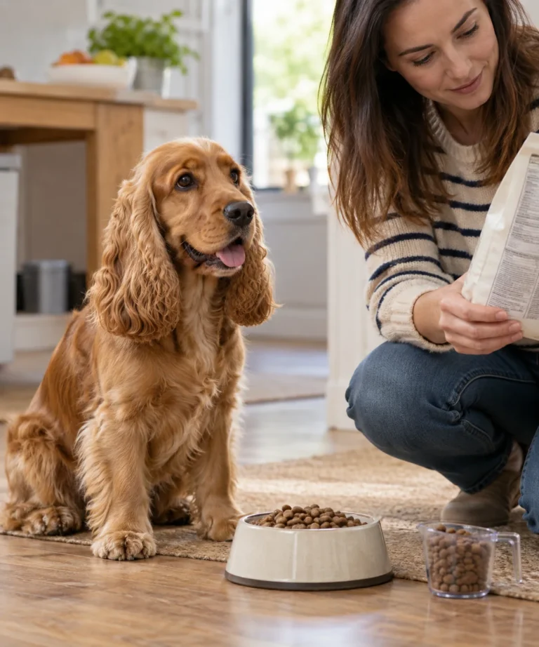 Ilustración: Cocker Spaniel junto a una ración medida y su cuidadora revisando la etiqueta.
