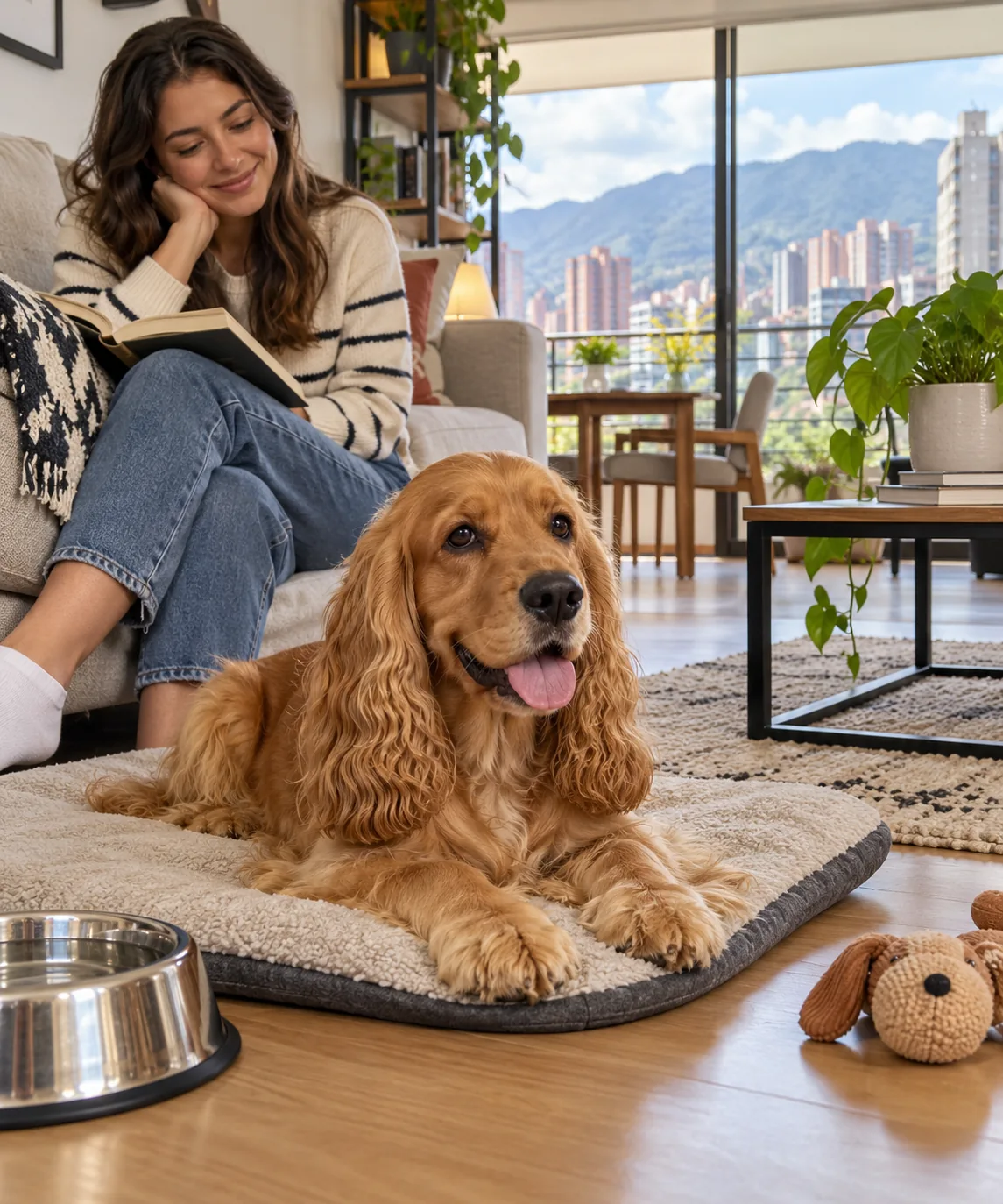 Ilustración: Cocker Spaniel descansando en un apartamento luminoso de Medellín.