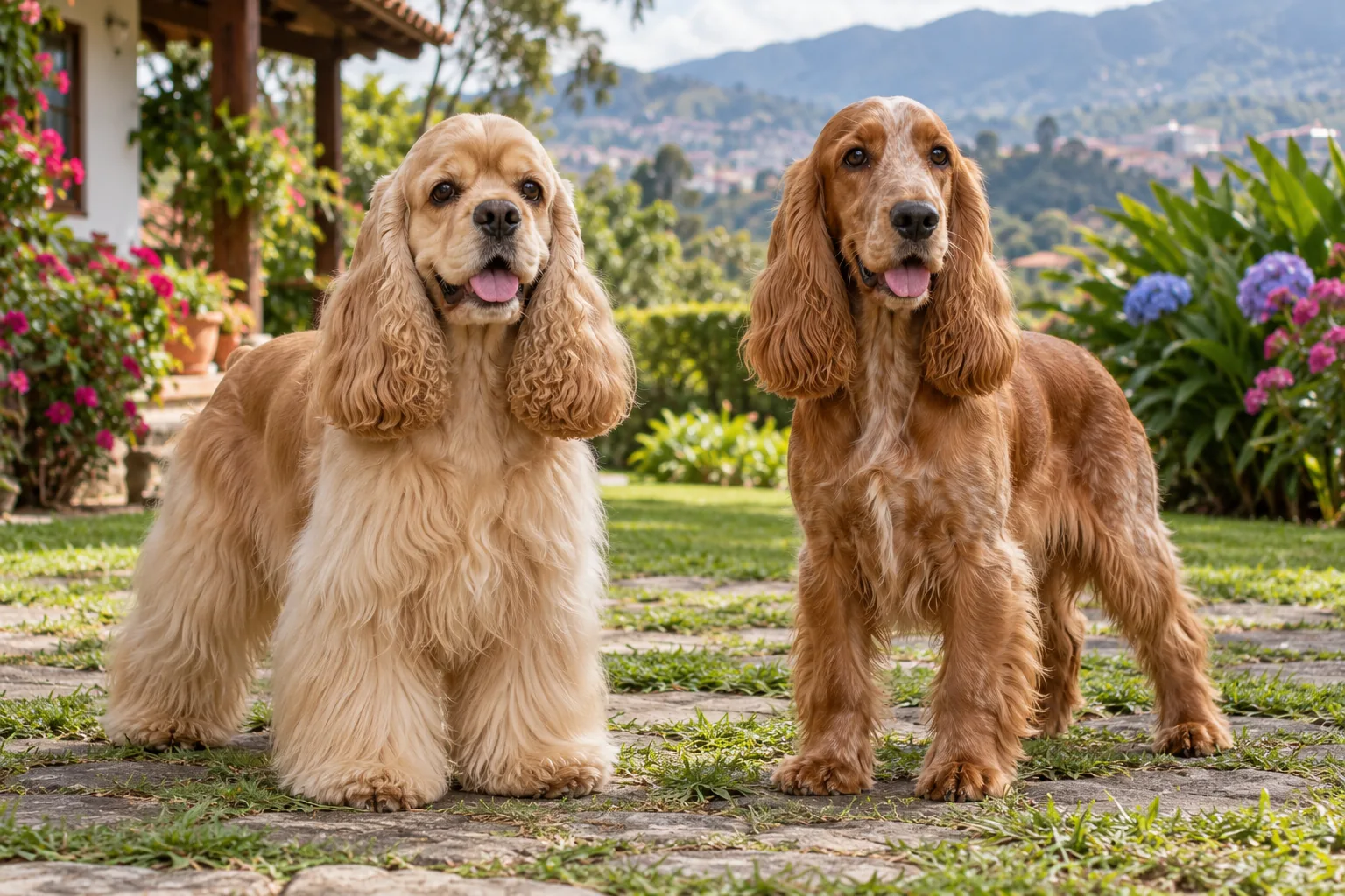 Ilustración: Cocker Spaniel inglés y americano adultos, comparación ilustrativa.