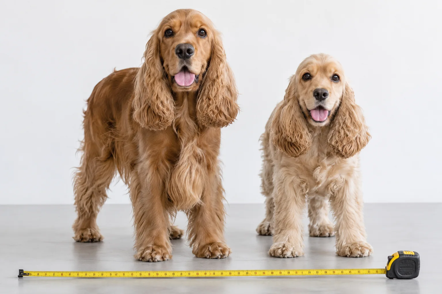 Ilustración: Dos Cocker Spaniel de tamaños individuales distintos junto a una cinta métrica.