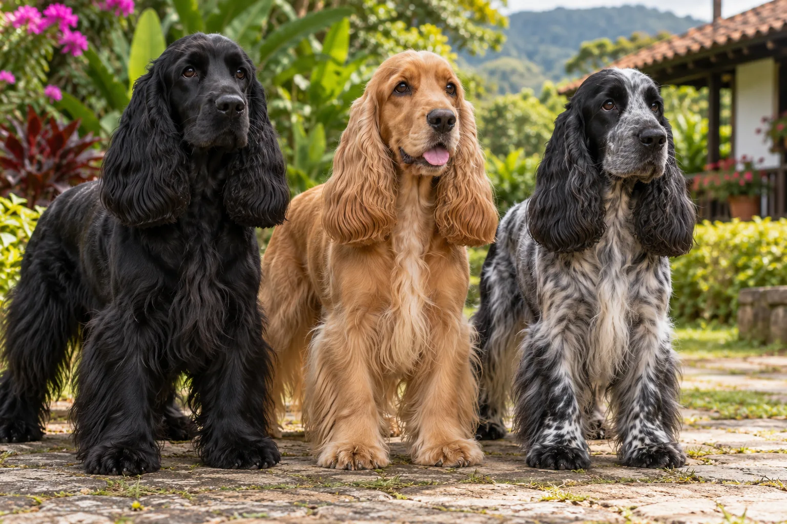 Ilustración: Cocker Spaniel negro, dorado y blue roan en un jardín; ilustración editorial.