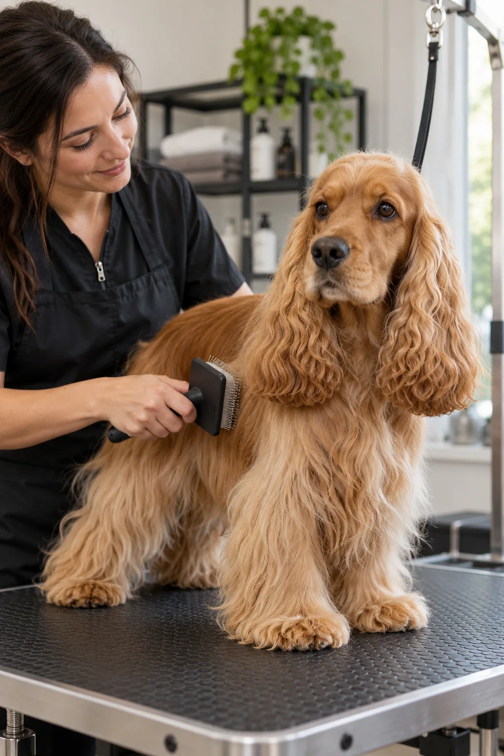 Ilustración: Peluquera canina cepilla con cuidado el manto de un Cocker Spaniel.