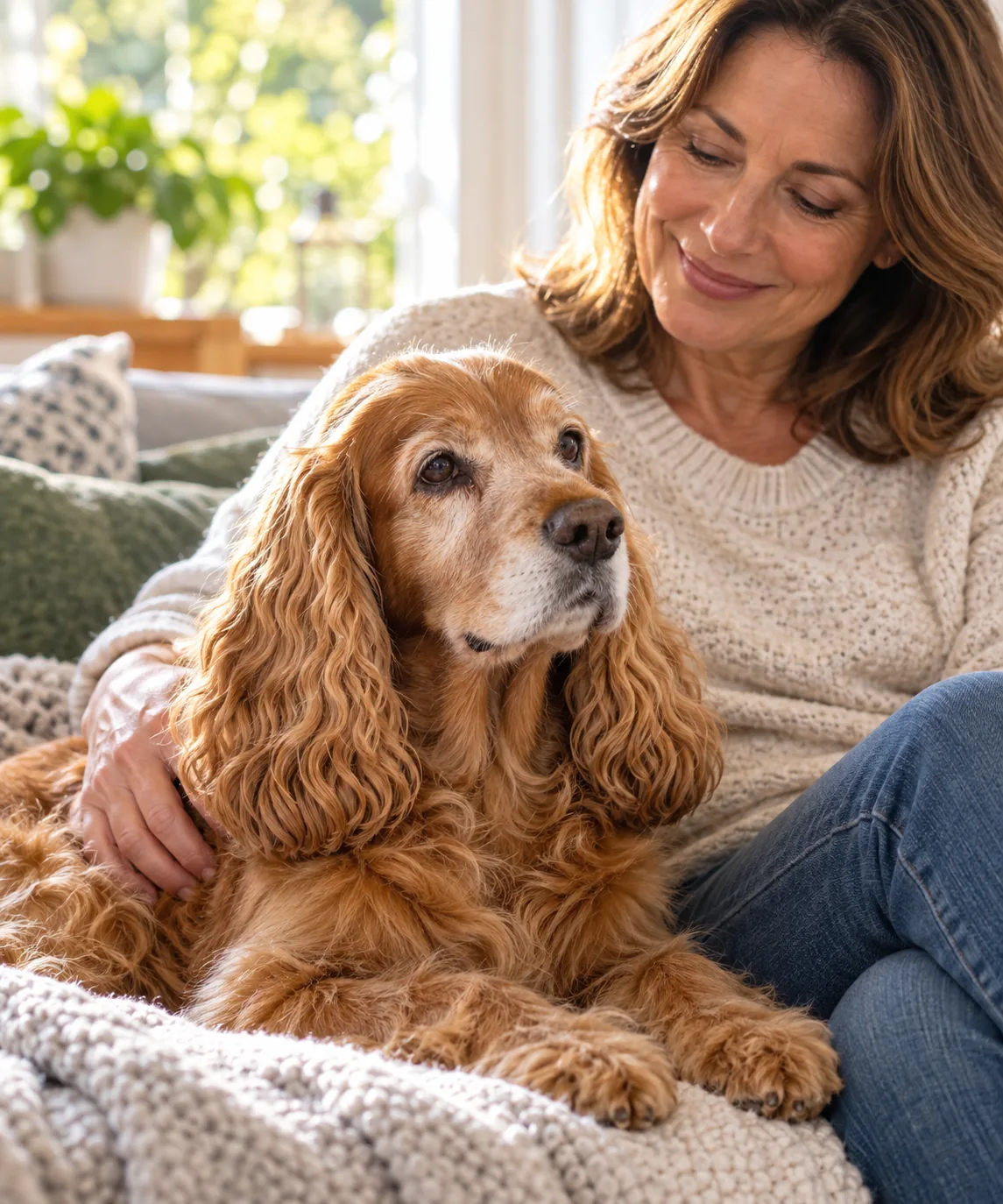 Ilustración: Cocker Spaniel senior descansando junto a su familia.