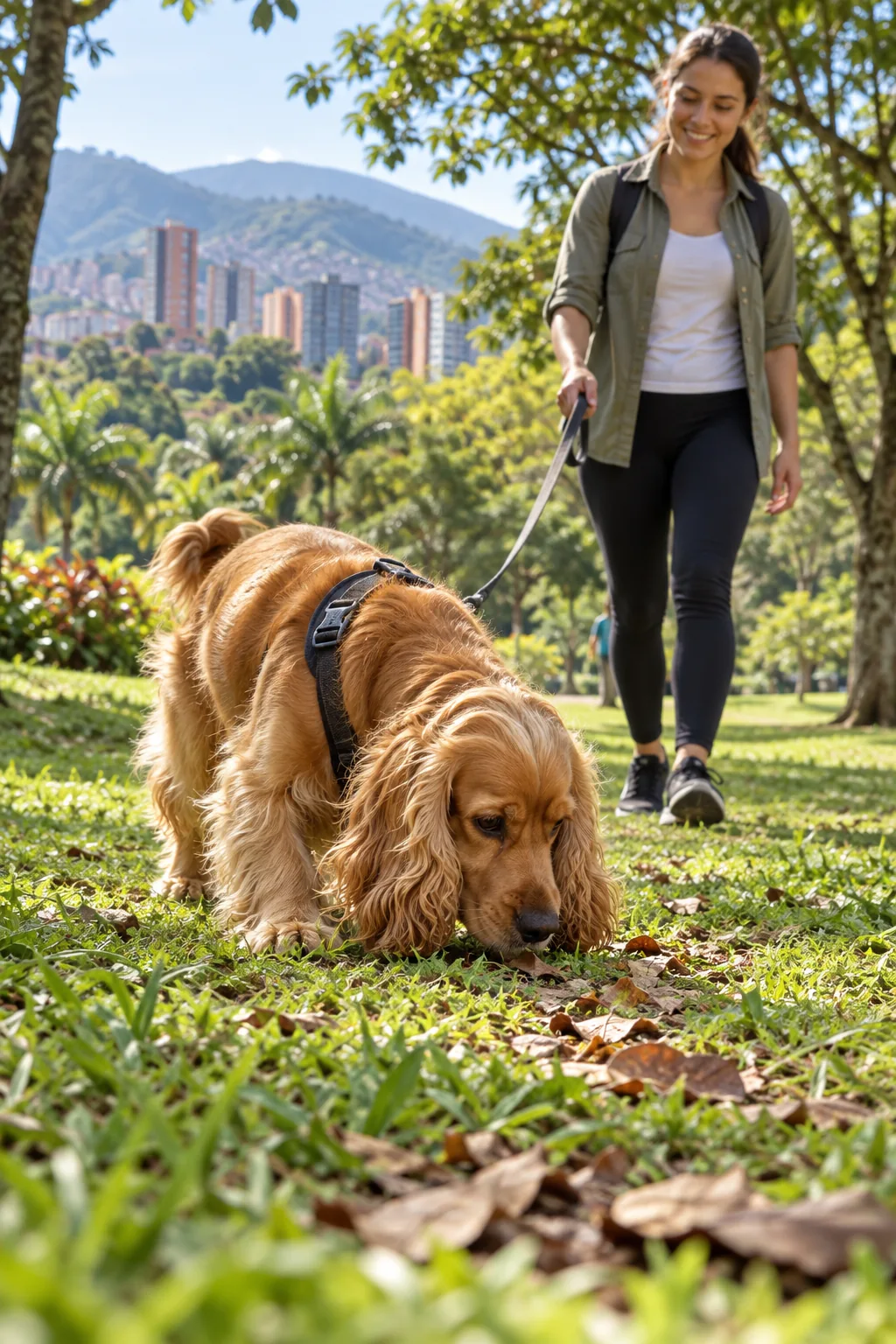 Ilustración: Cocker Spaniel olfatea durante un paseo con correa en un parque de Medellín.