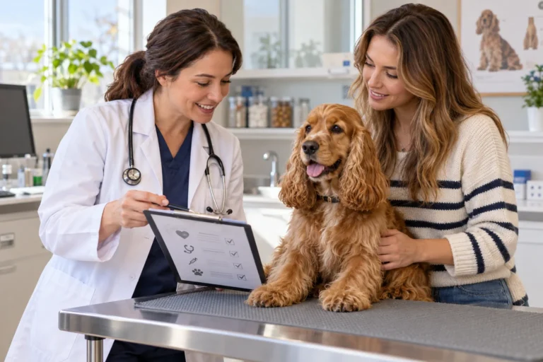 Ilustración: Cocker Spaniel en consulta preventiva con su familia.