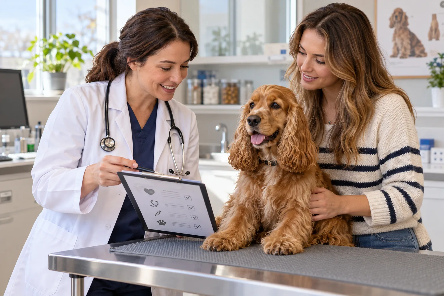 Ilustración: Cocker Spaniel en consulta preventiva con su familia.