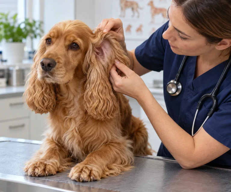 Ilustración: Veterinaria revisa externamente el oído de un Cocker Spaniel.