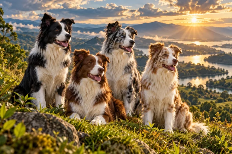 Ilustración: Cuatro border collies con mantos negro y blanco, chocolate, blue merle y red merle.