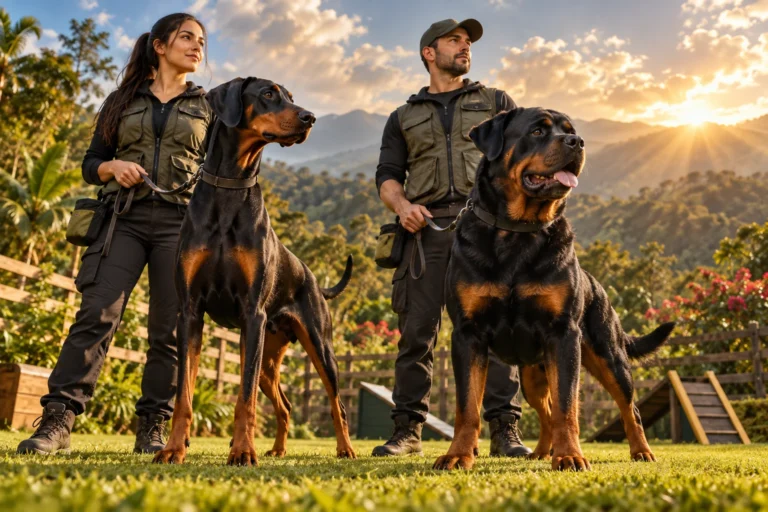 Ilustración: Dóberman y rottweiler tranquilos con entrenadores en un campo cerrado.