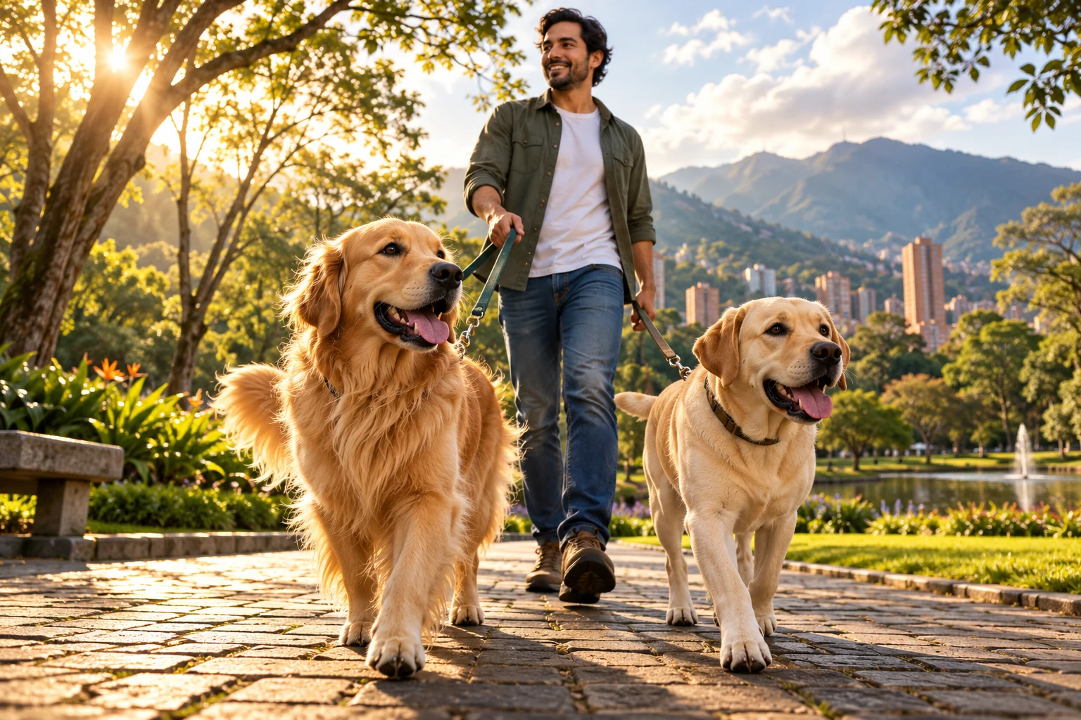 Ilustración: Golden retriever de pelo largo y labrador amarillo de pelo corto durante un paseo.
