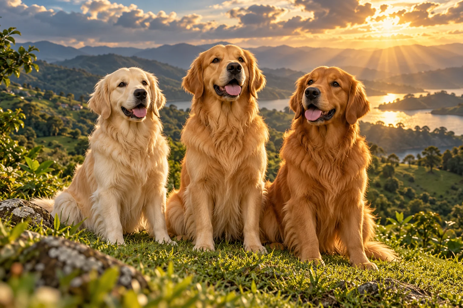 Ilustración: Tres golden retrievers de tonos crema, dorado medio y dorado intenso.