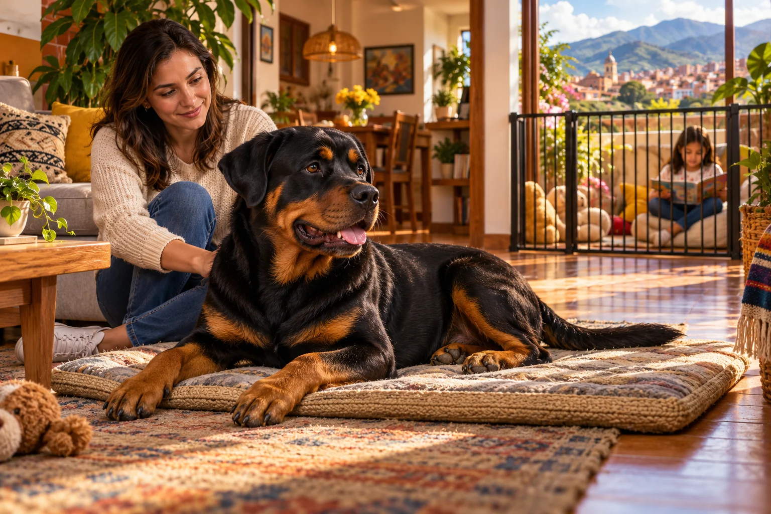 Ilustración: Rottweiler tranquilo en su zona de descanso, con una familia supervisando a distancia.