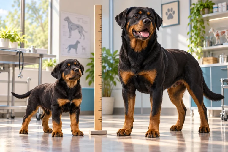 Ilustración: Un cachorro y un Rottweiler adulto junto a una referencia de medición en una sala de evaluación.