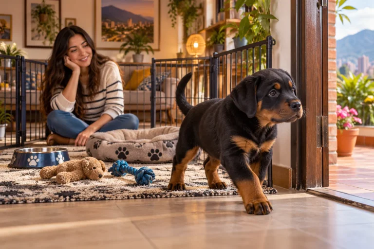 Ilustración: Cachorro Rottweiler explorando un hogar preparado con cama, agua y un espacio seguro.