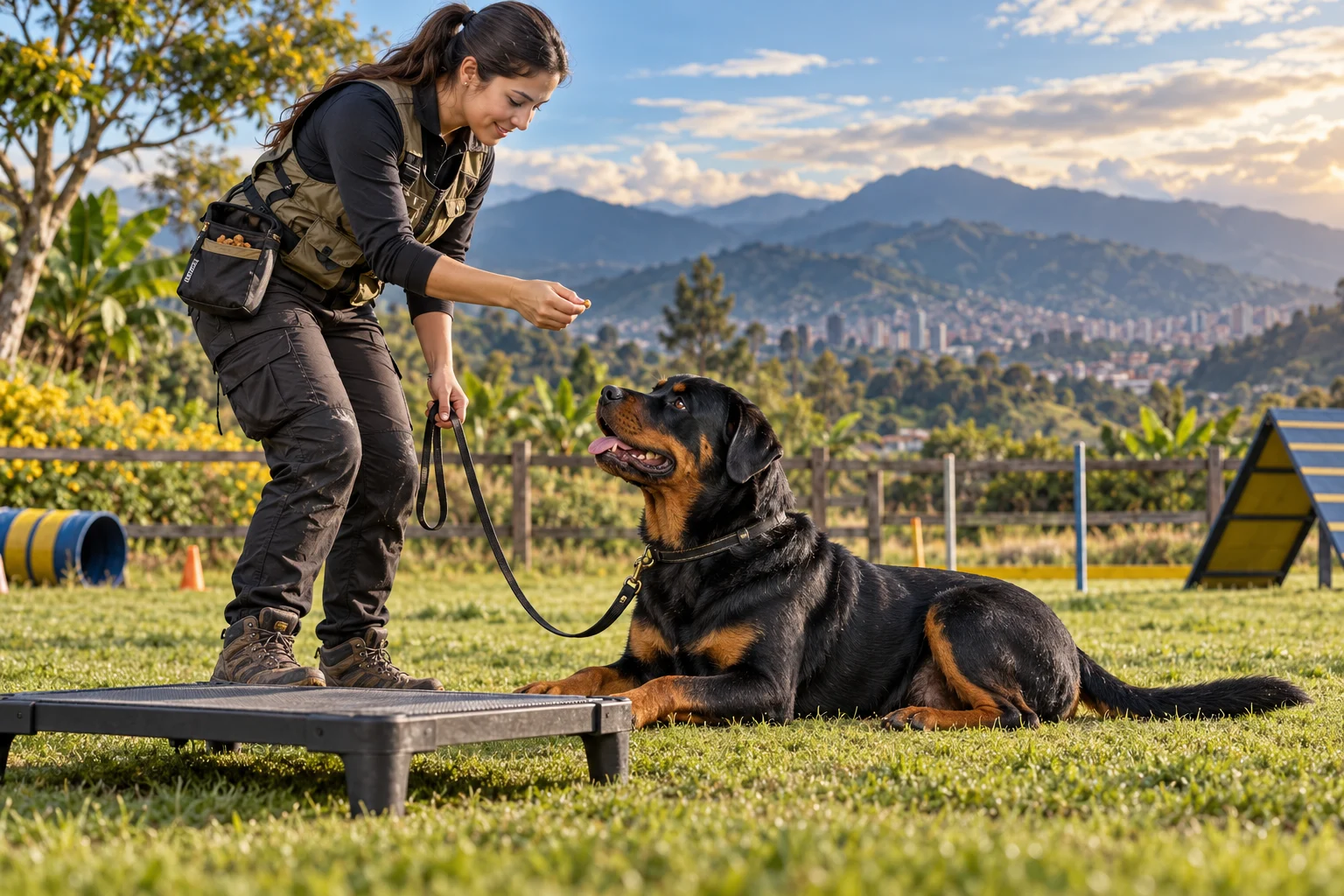 Ilustración: Entrenador con chaleco y premios enseñando calma a un Rottweiler en un campo seguro.