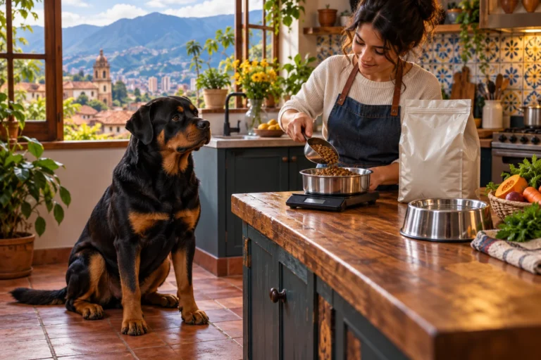 Ilustración: Persona midiendo alimento junto a un Rottweiler tranquilo y un recipiente de agua.
