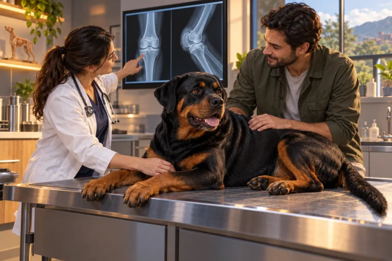 Ilustración: Veterinaria revisando antecedentes e imágenes diagnósticas junto a un Rottweiler relajado.