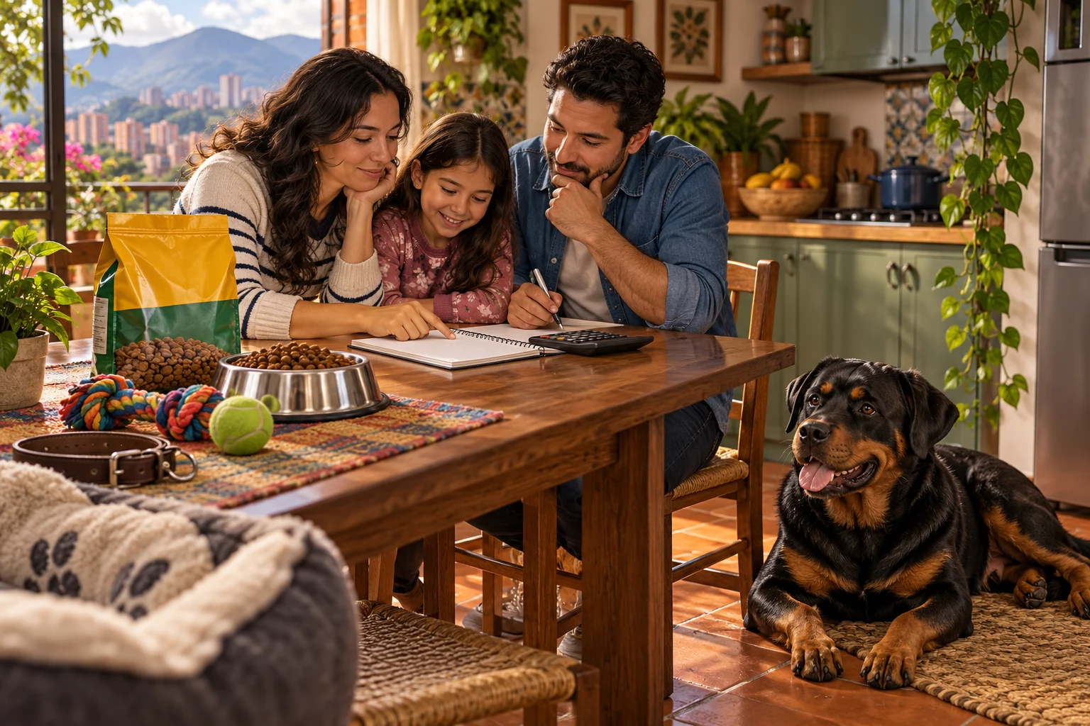 Ilustración: Familia organizando gastos con calculadora y libreta mientras su Rottweiler descansa.