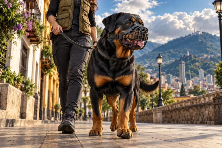 Ilustración: Rottweiler tranquilo con bozal de canasta amplio y una persona adulta responsable en un andén.