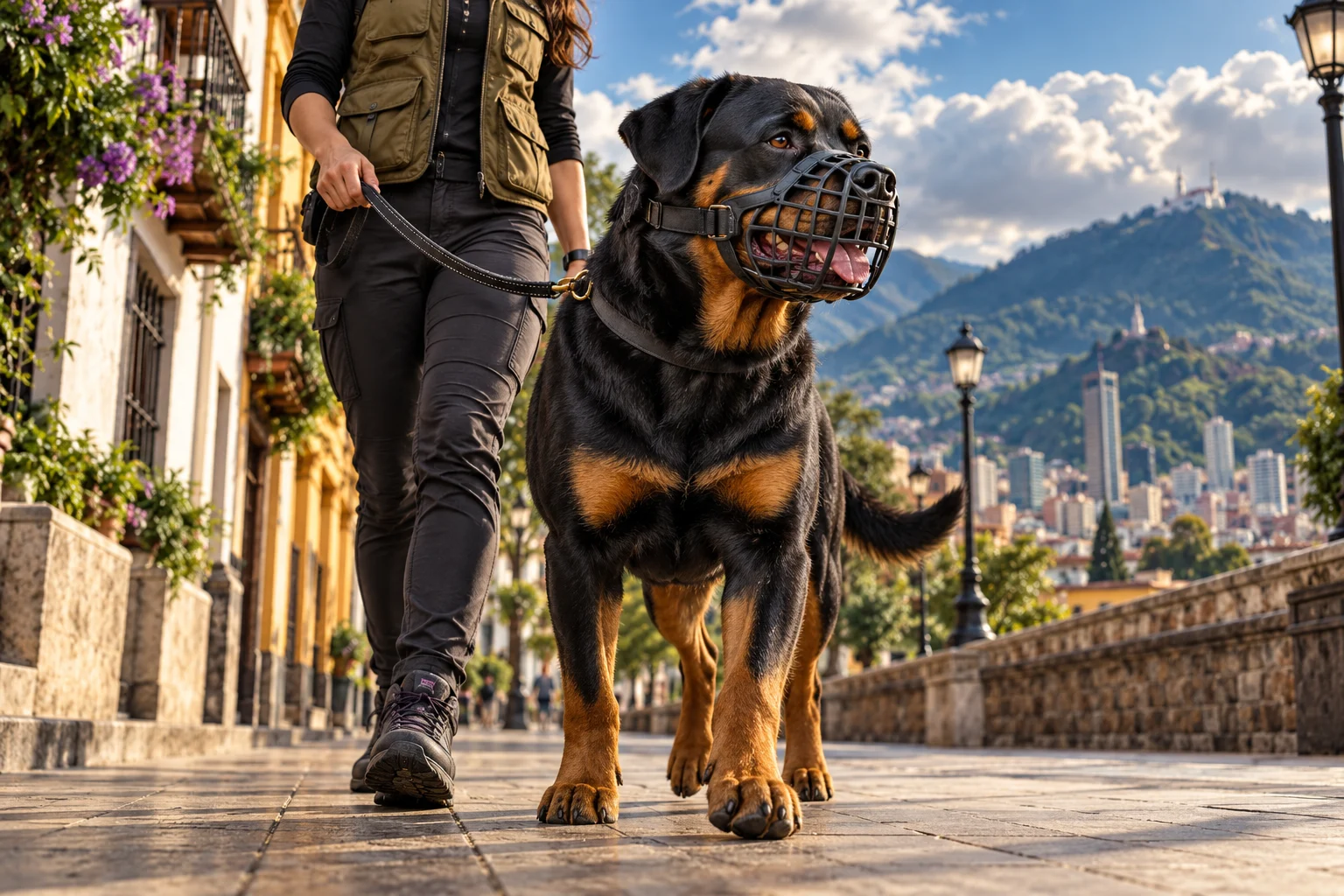 Ilustración: Rottweiler tranquilo con bozal de canasta amplio y una persona adulta responsable en un andén.