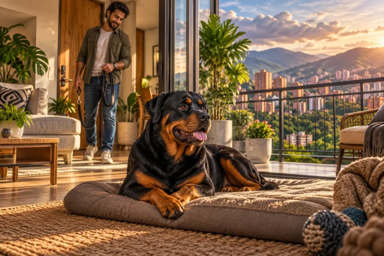 Ilustración: Rottweiler descansando sobre una colchoneta en un apartamento con balcón protegido.