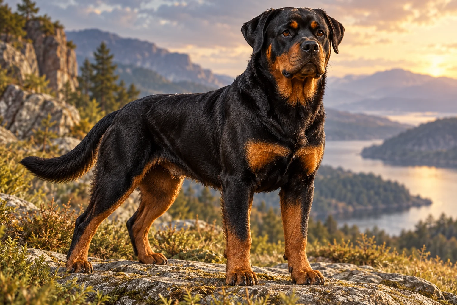 Ilustración: Retrato ilustrativo de un Rottweiler negro con marcas fuego, orejas naturales y cola larga.