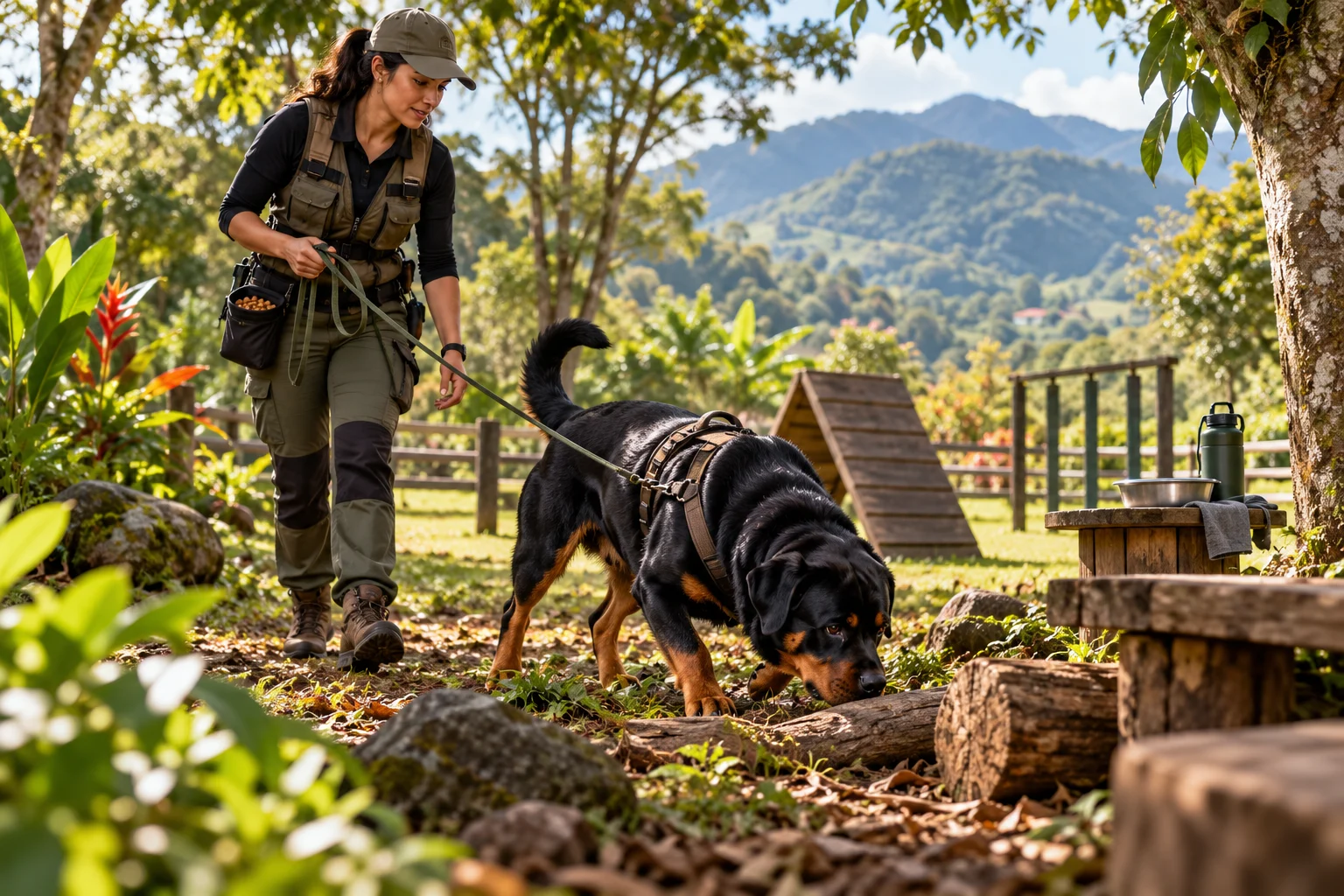 Ilustración: Entrenador con dotación práctica guiando una actividad de olfato con un Rottweiler en un campo sombreado.