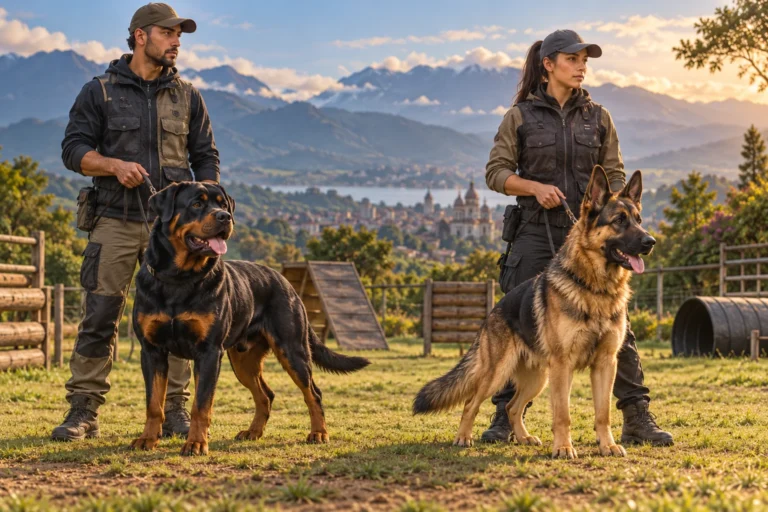 Ilustración: Rottweiler y pastor alemán separados, tranquilos y acompañados por entrenadores en un campo seguro.