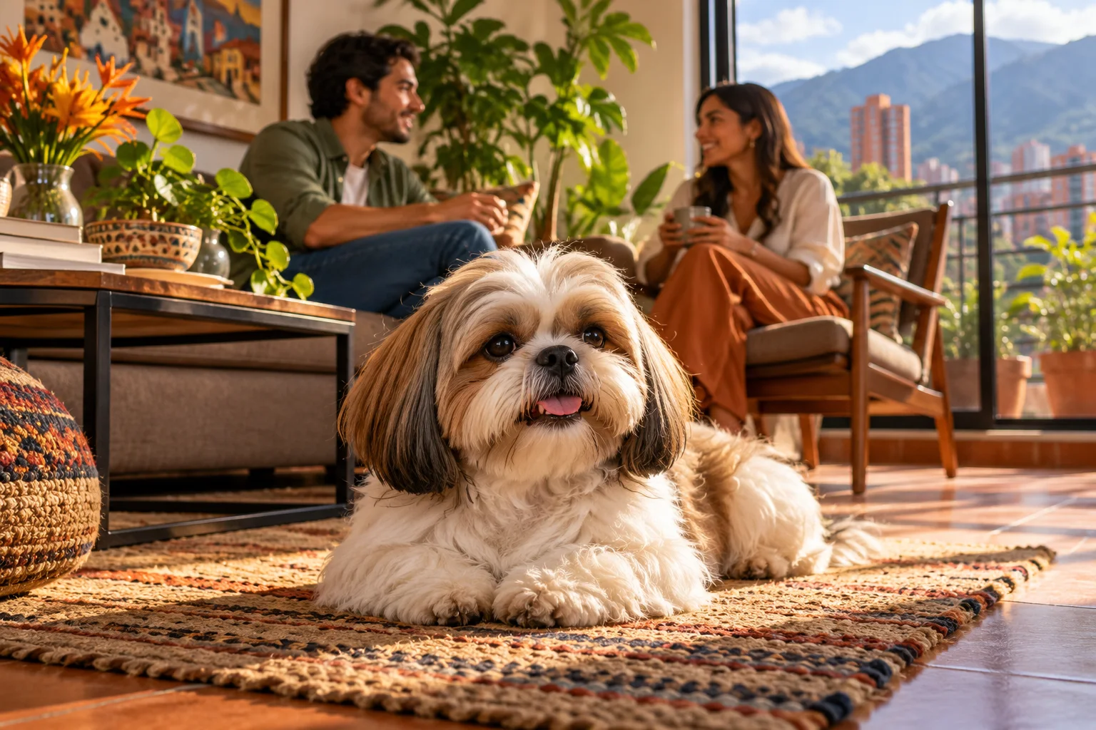Ilustración: Shih Tzu descansando en una alfombra mientras dos adultos conversan cerca.
