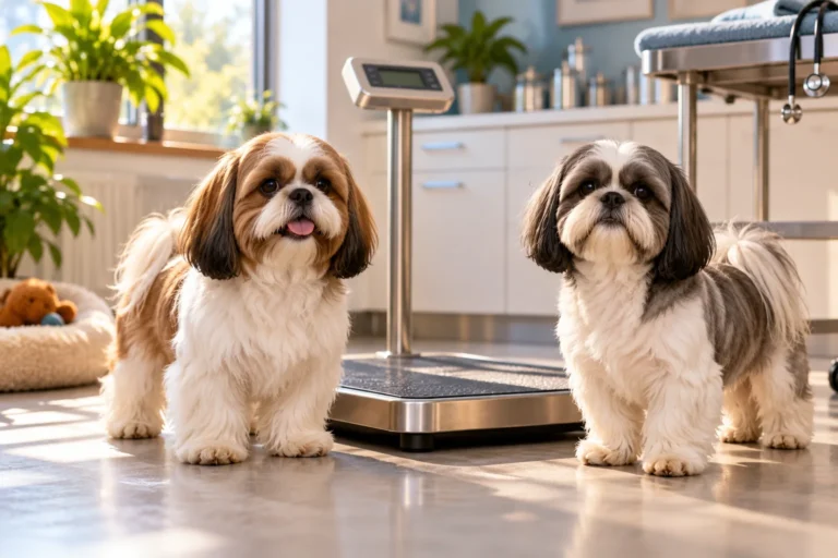 Ilustración: Dos Shih Tzu junto a una báscula veterinaria, sin presentarlos como categorías de tamaño.