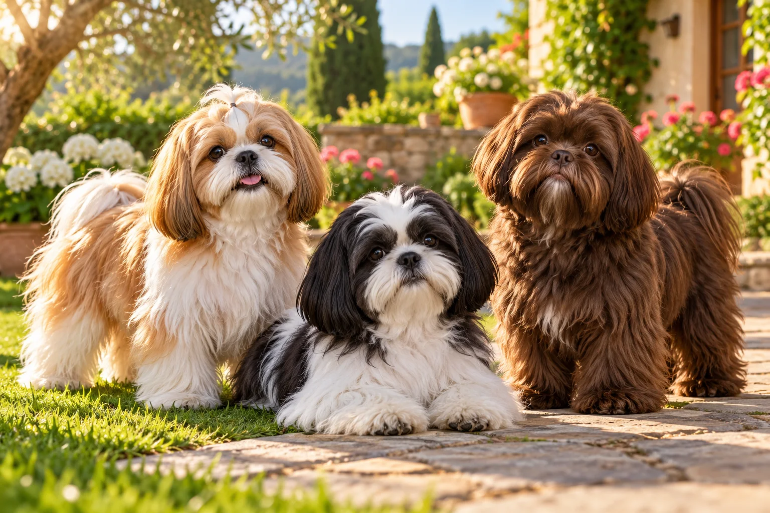 Ilustración: Tres Shih Tzu con mantos diferentes en un patio; ilustración que no sirve como carta de color.