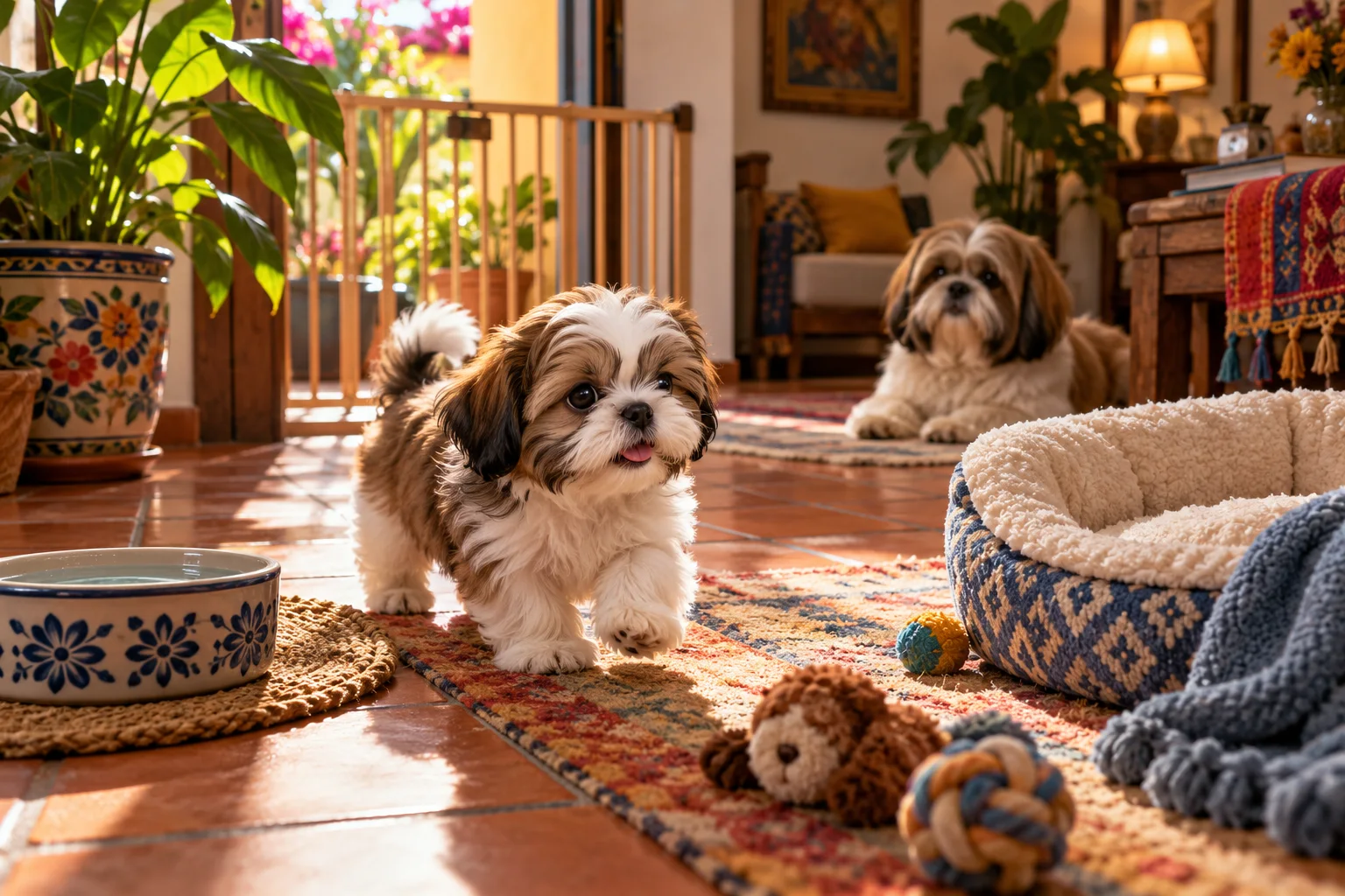 Ilustración: Cachorro Shih Tzu explorando un hogar con cama, agua y barrera de seguridad.