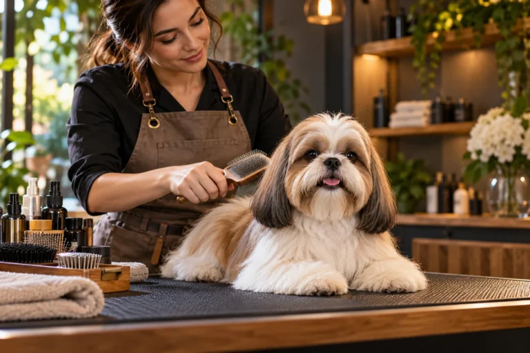 Ilustración: Profesional con delantal cepillando suavemente a un Shih Tzu sobre superficie antideslizante.