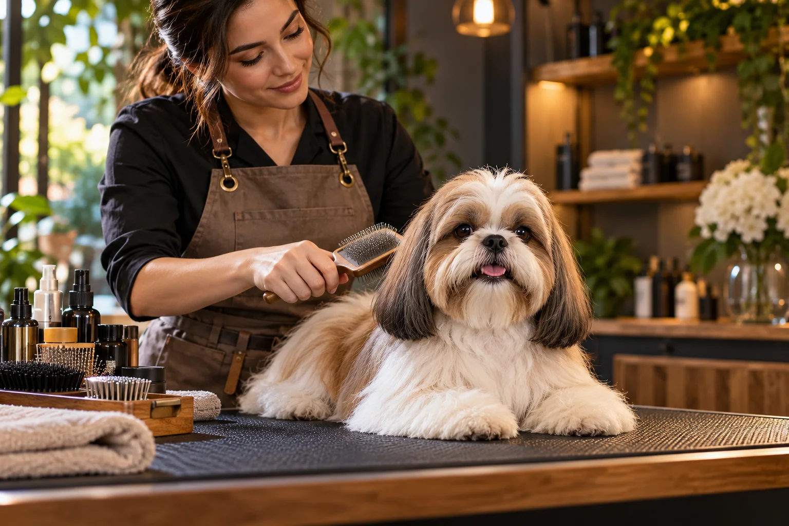Ilustración: Profesional con delantal cepillando suavemente a un Shih Tzu sobre superficie antideslizante.