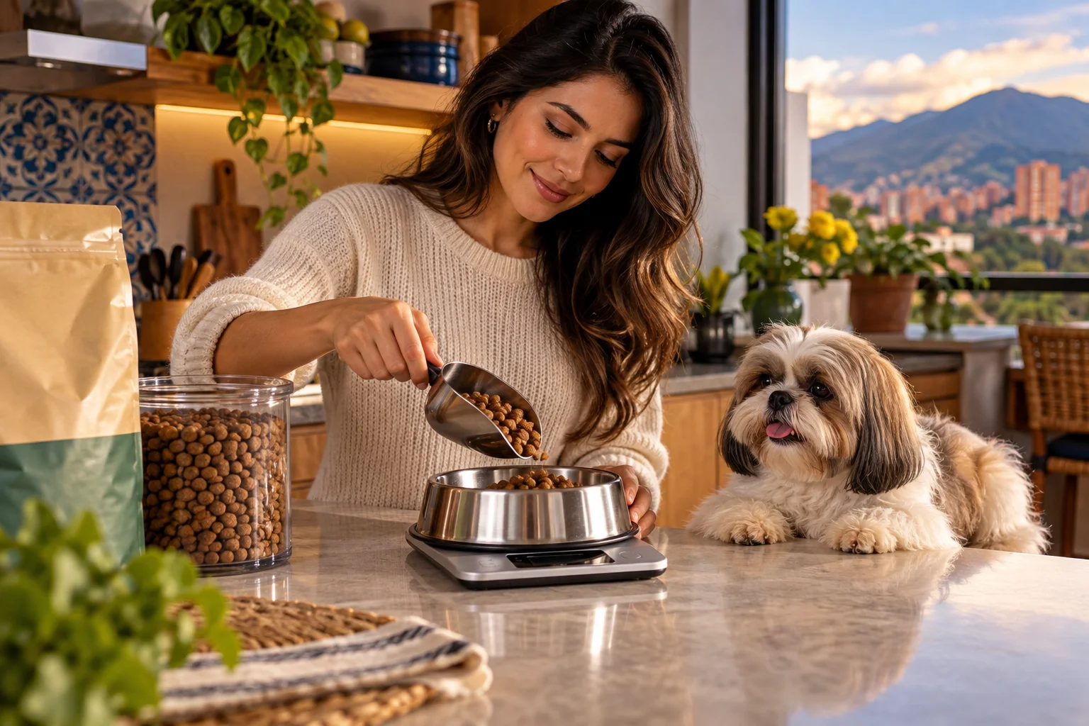 Ilustración: Persona pesando alimento completo en una cocina con un Shih Tzu esperando tranquilamente.