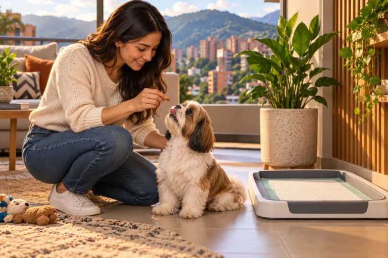 Ilustración: Adulto premiando a un Shih Tzu en una zona de eliminación preparada y segura.