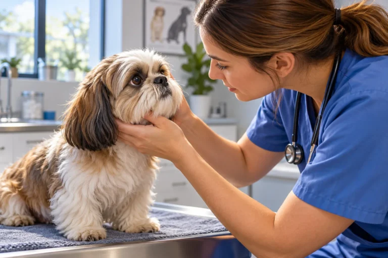 Ilustración: Shih Tzu en una revisión ocular veterinaria ilustrativa, sin lesiones ni instrumentos en contacto con el ojo.