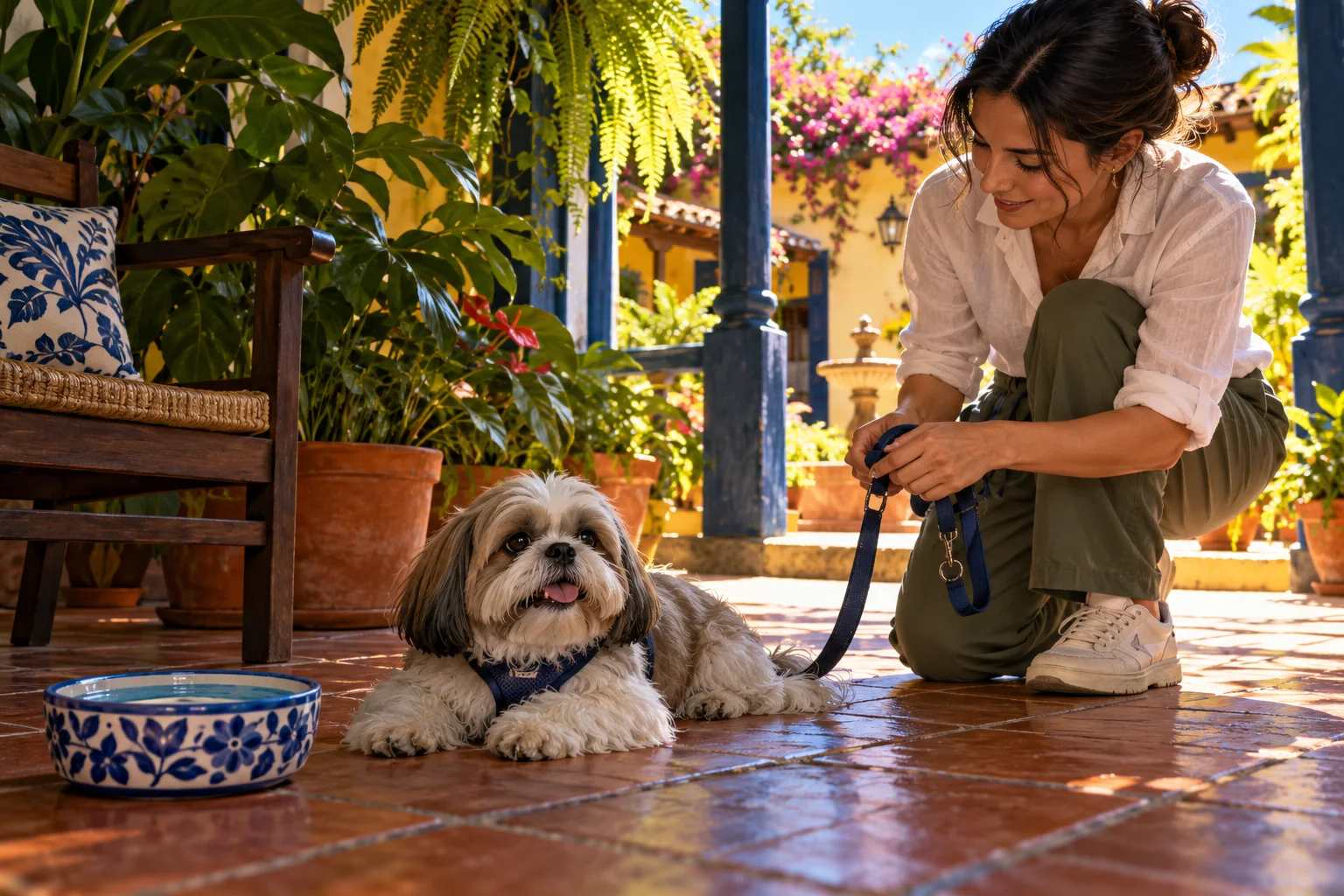 Ilustración: Shih Tzu descansando en sombra ventilada con agua mientras una persona prepara un paseo tranquilo.