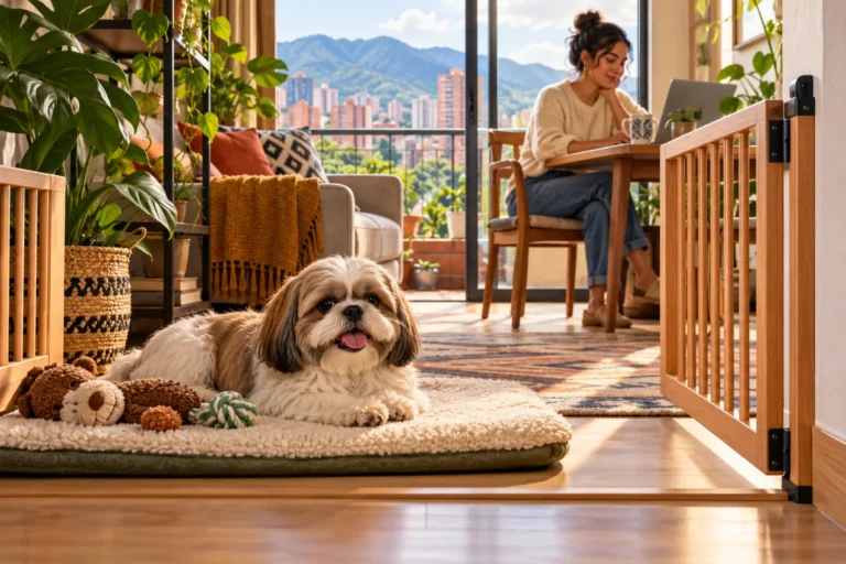 Ilustración: Shih Tzu relajado en una zona de descanso con una barrera abierta y adulto cerca.