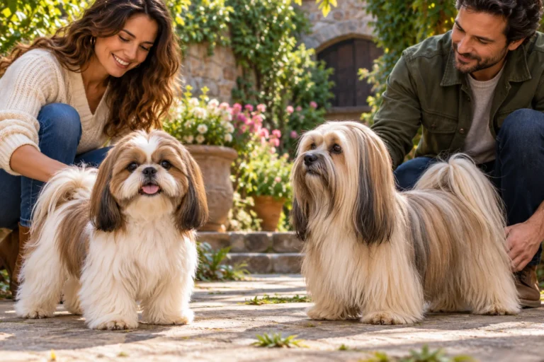 Ilustración: Un Shih Tzu y un Lhasa Apso con anatomía diferenciada en un patio verde con sus cuidadores.